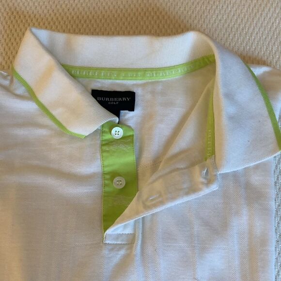 Burberry Golf Polo Shirt with White Shadow Check Pattern Tipped in Lime Green. - Picture 2 of 10